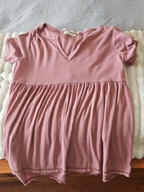Ribbed V-Neck Baby Doll Tunic Top - Dusty Rose Pink